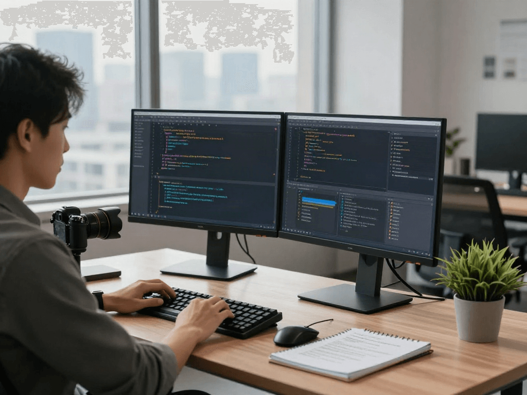 Développeur travaillant sur Atlas pro ontv dans un bureau moderne, entouré de matériel tech.