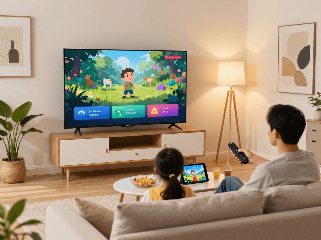 Famille utilisant Atlas pro IPTV dans un salon moderne avec écran large et ambiance chaleureuse.