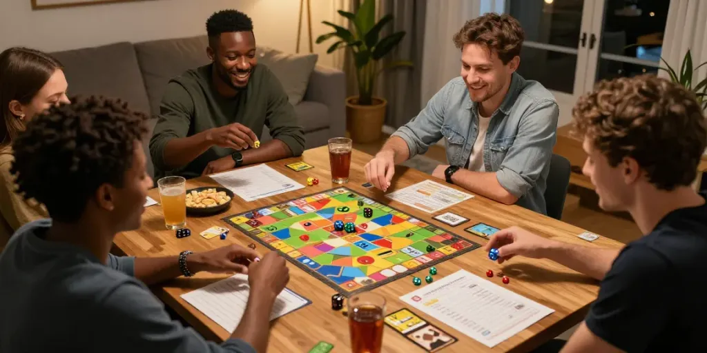 Amis jouant à un jeu de dés dans un salon chaleureux, entourés de dés colorés et de notes stratégiques.