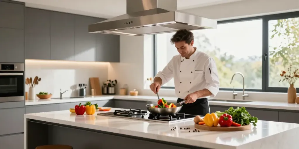Une hotte d'îlot central moderne au-dessus d'un îlot de cuisine élégant avec des ingrédients frais.