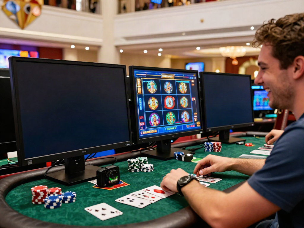 Casino bonus sans dépôt : joueur enthousiaste devant des écrans de jeux de casino en ligne avec décorations.