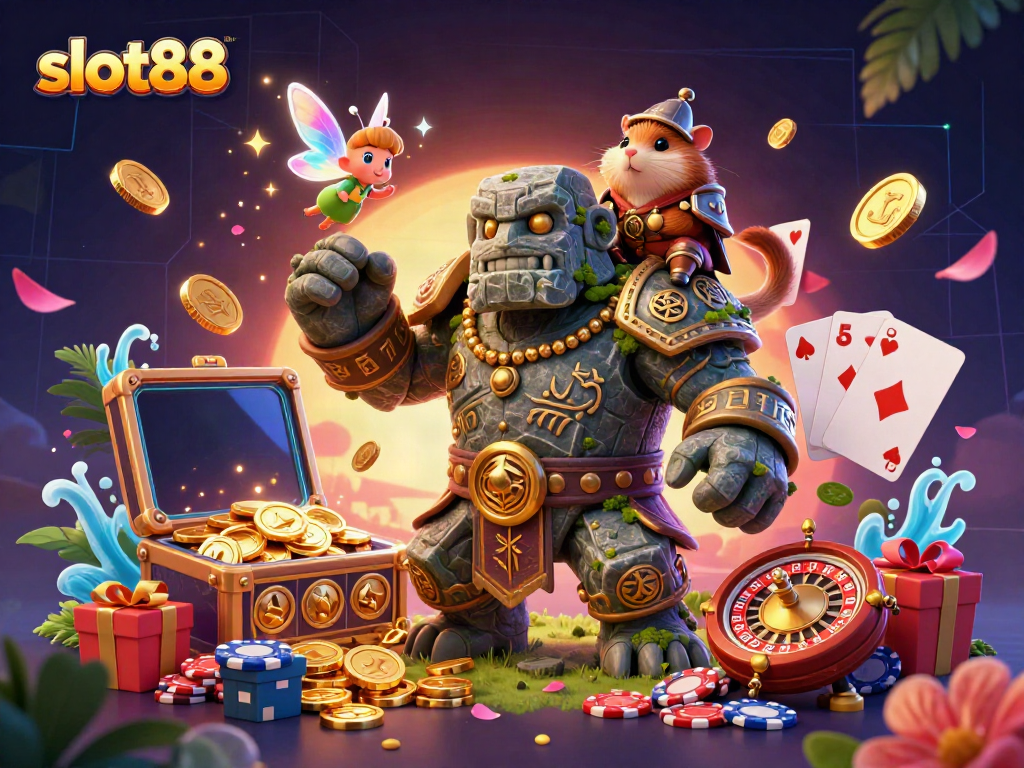 Experience thrilling slot88 action with ancient characters and vibrant gaming elements in this dynamic illustration.