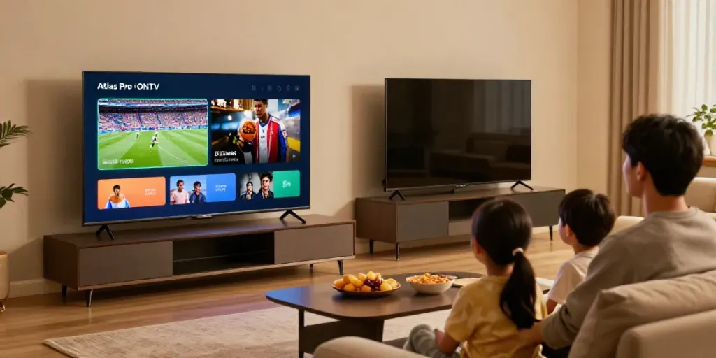 Configuration de divertissement à domicile avec atlas pro sur Smart TV, ambiance chaleureuse et famille réunie.
