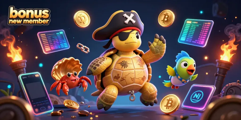 Engage with our bonus new member offer featuring a colorful illustration of characters discovering treasure in a casino theme.