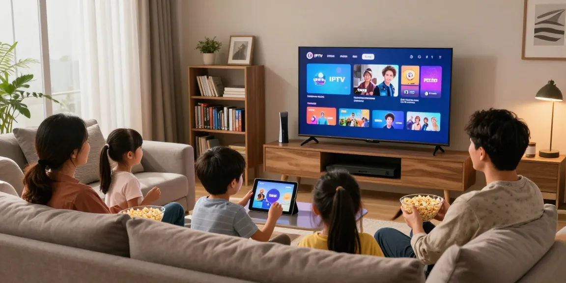 Famille utilisant Atlas Pro pour regarder des films dans leur salon moderne.