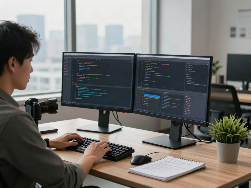 Développeur travaillant sur Atlas pro ontv dans un bureau moderne, entouré de matériel tech.