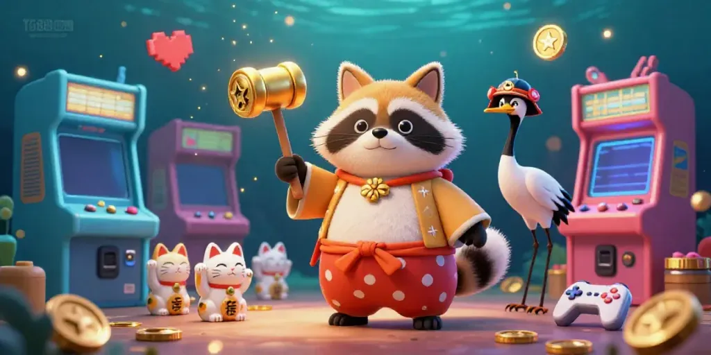 Experience vibrant gaming with TG88 COM as a cheerful tanuki, a crane, and fortune cats interact in a dynamic casino scene.