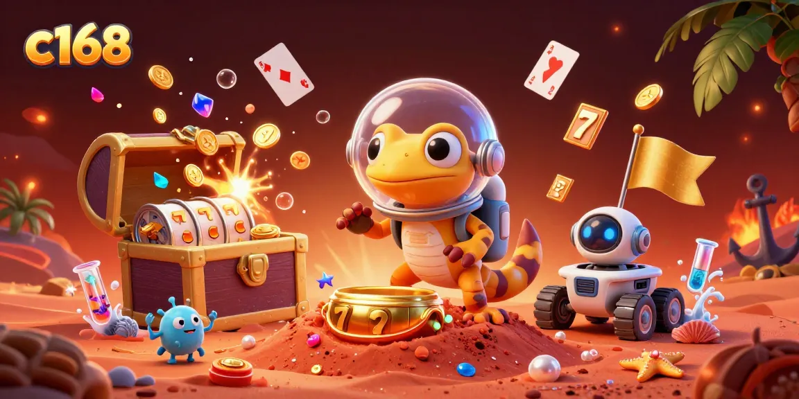 Experience thrilling wins at c168's golden casino with a Martian gecko exploring treasures.