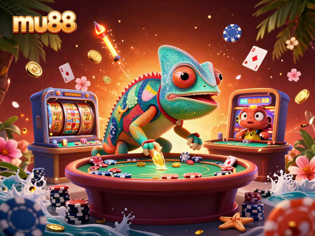 Engage with mu88 as the chameleon casino owner collects golden coins in a vibrant casino scene.