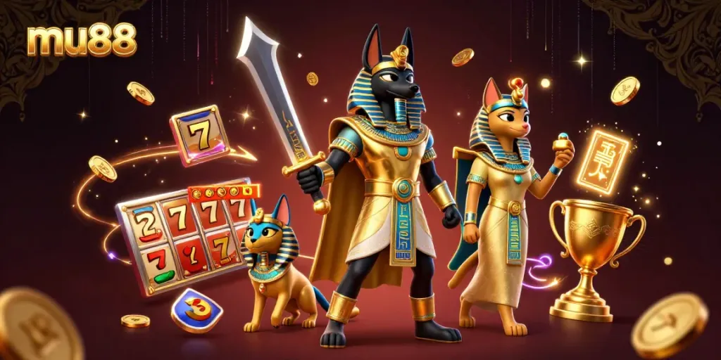 Experience thrilling jackpots at mu88 with Anubis and Bastet amidst sparkling gold coins