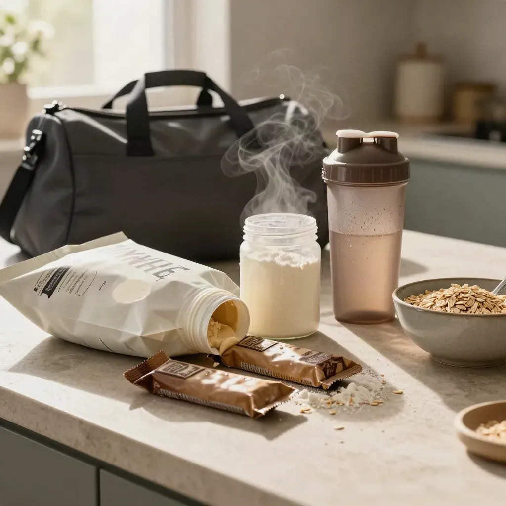 Pack protéiné sur un îlot de cuisine, whey, barres, créatine et shaker dans la lumière du matin.
