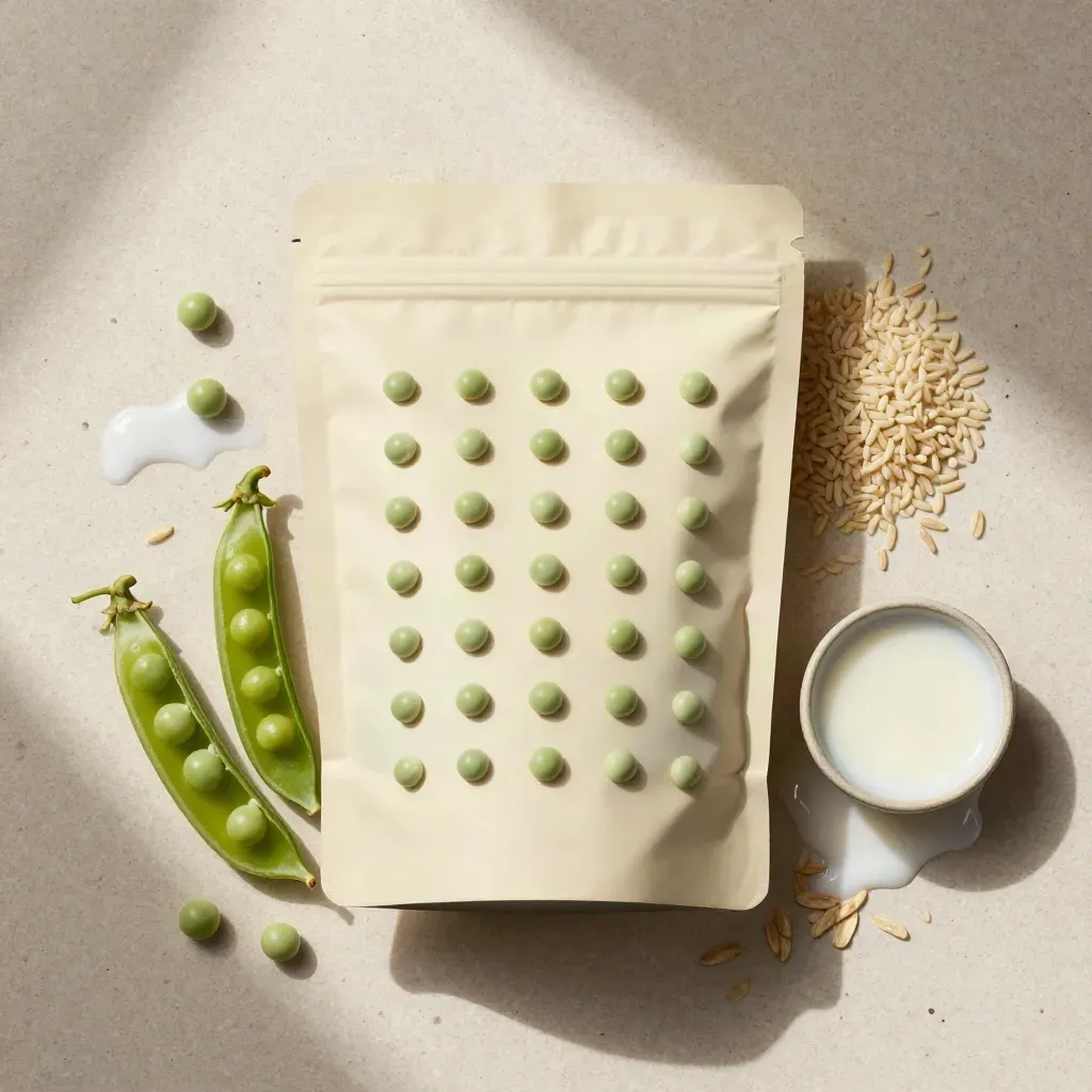 Poudre protéinée végétale vanille avec pois, riz, lait d’avoine et terrazzo clair.