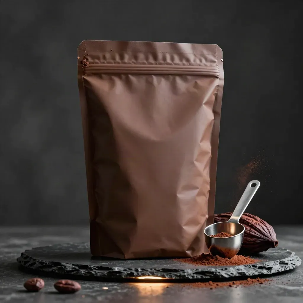 Poche de whey chocolat, scoop inox, éclats de cacao sur ardoise humide, lumière dramatique.