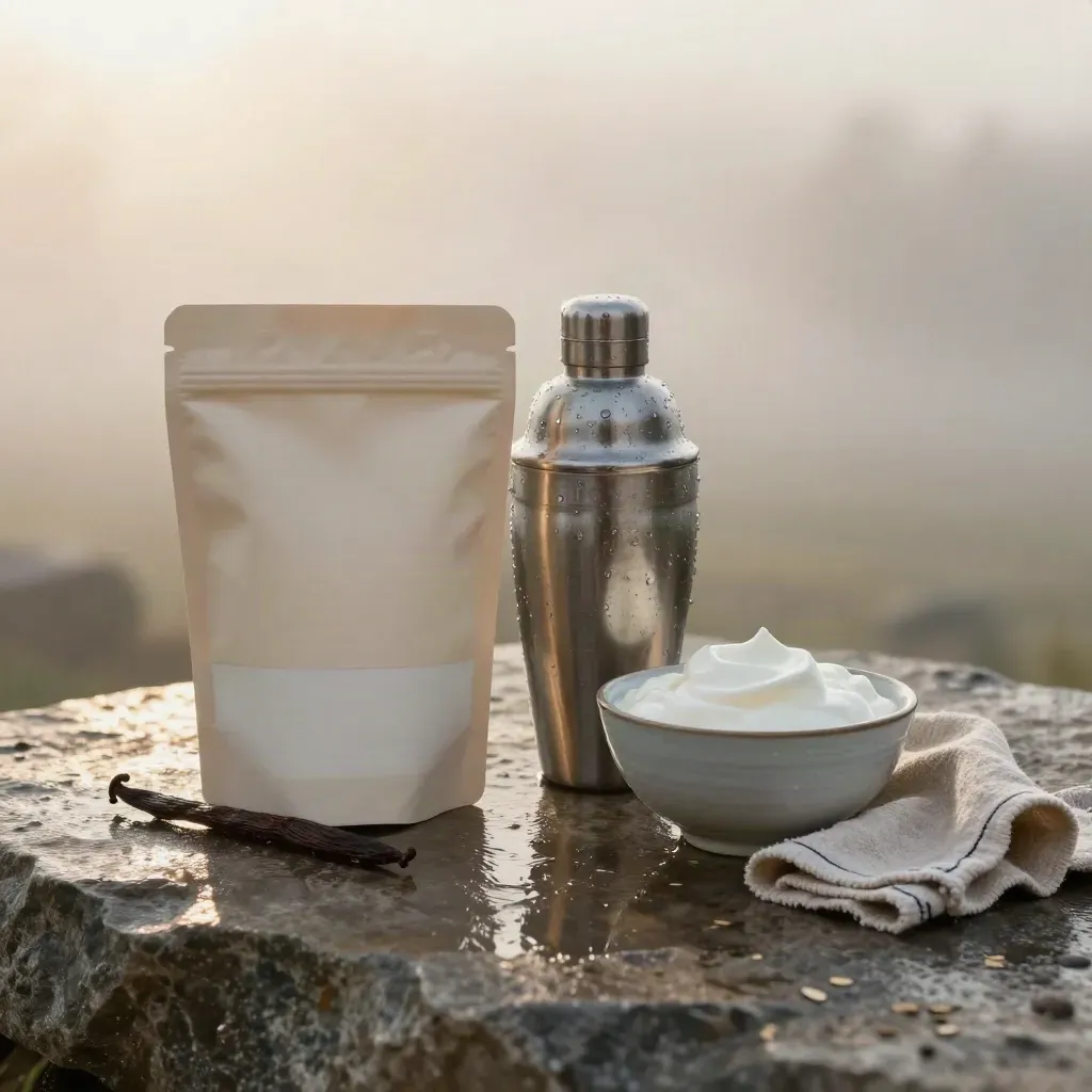 Pochette de whey vanille, shaker inox, gousse de vanille, yaourt fouetté et serviette sur pierre mouillée.