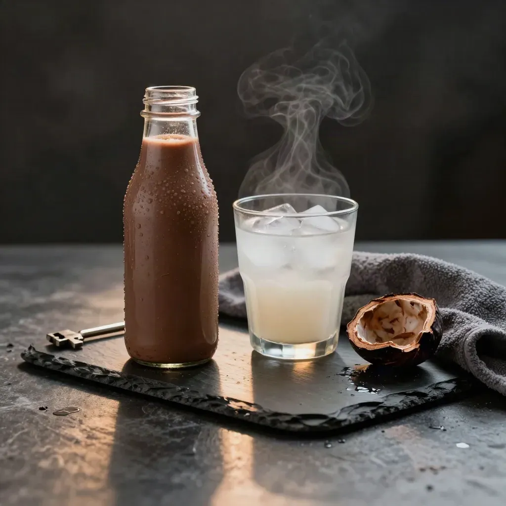 Bouteille de shake chocolat avec verre glacé, cacao et serviette humide sur pierre sombre.