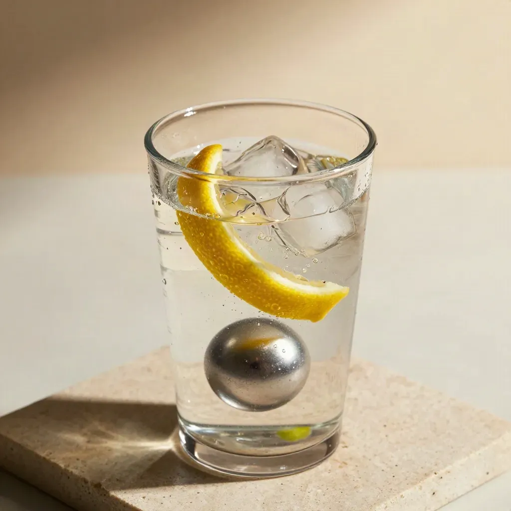 Gros plan d’un shaker transparent en spirale avec eau, glace et zeste de citron.