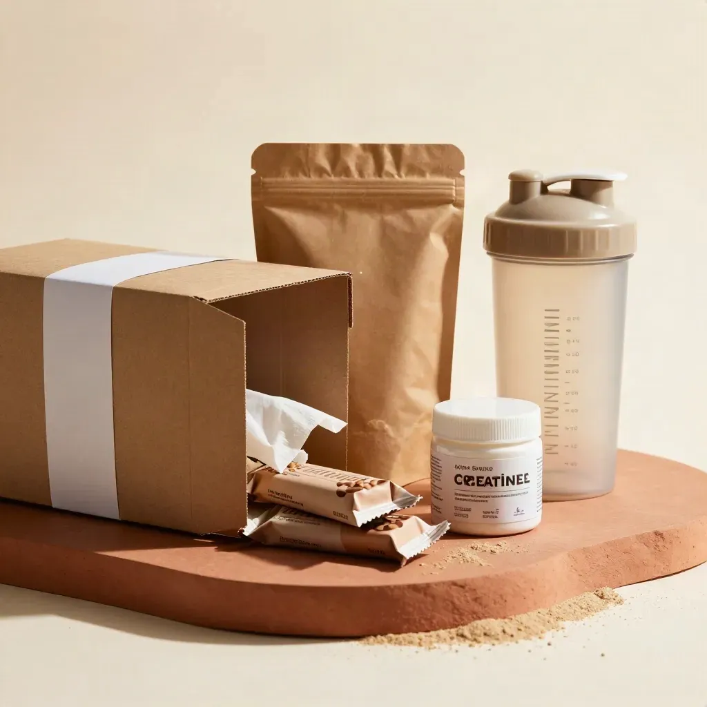 Boîte d’abonnement protéine ouverte avec sachet, barres, créatine et shaker sur fond clair.
