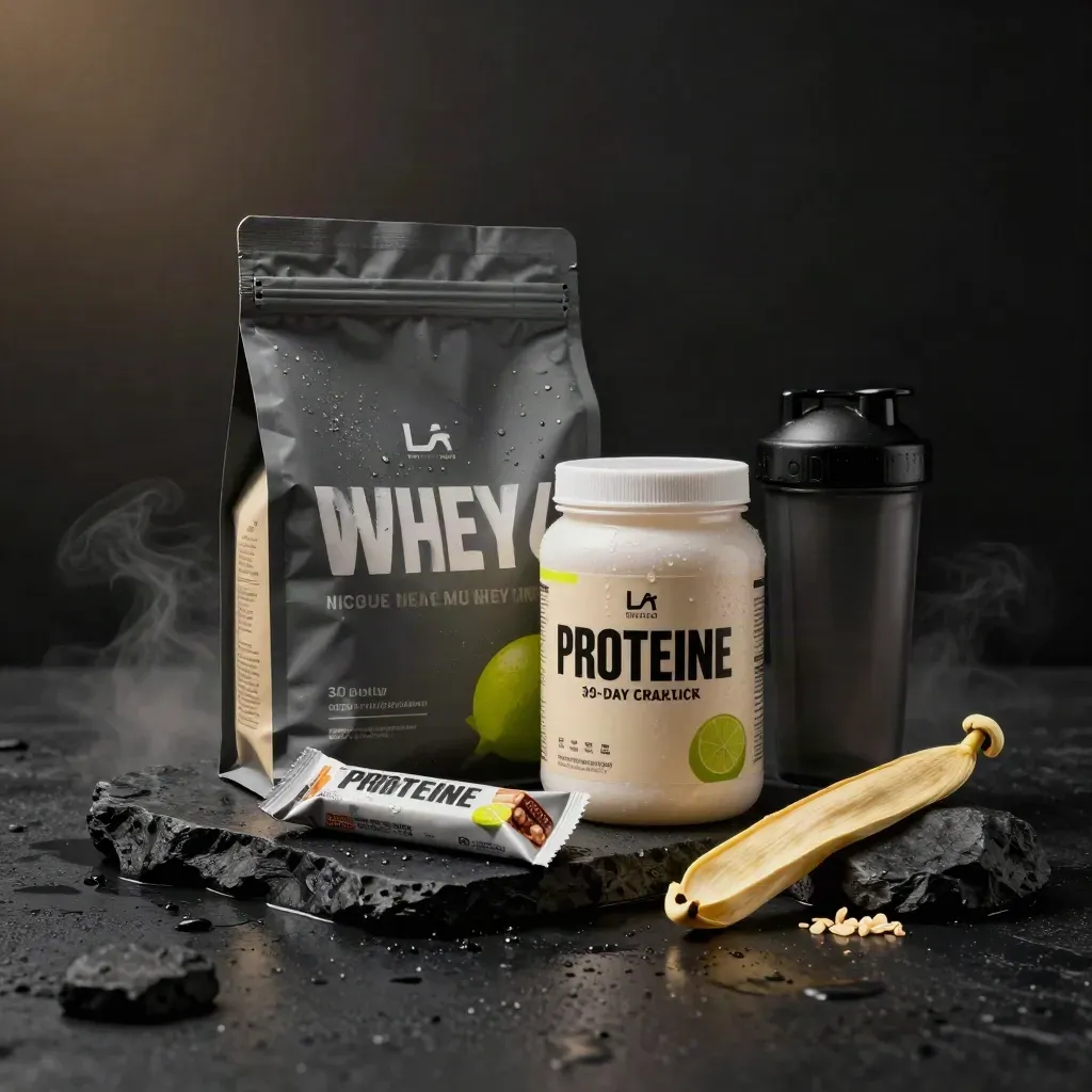Pack muscu avec whey, créatine, barres, shaker et vanille sur basalte humide.