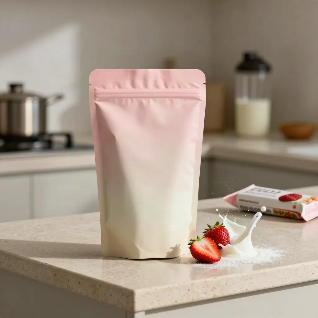 Pochon de whey fraise sur travertin, fraise coupée, cuillère céramique et éclaboussure de lait.