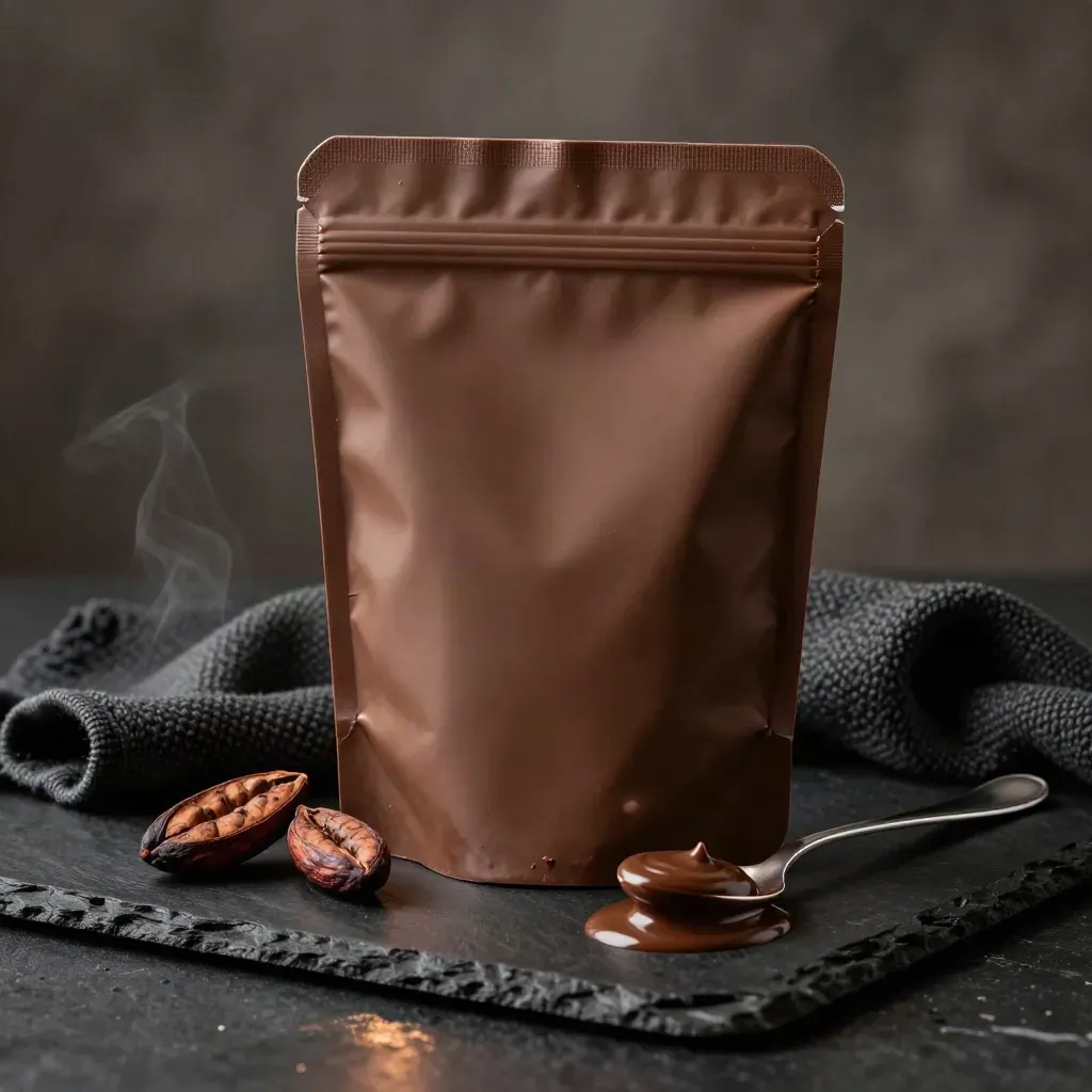 Pochette de caséine chocolat, fèves de cacao, tissu sombre et pudding sur ardoise noire.