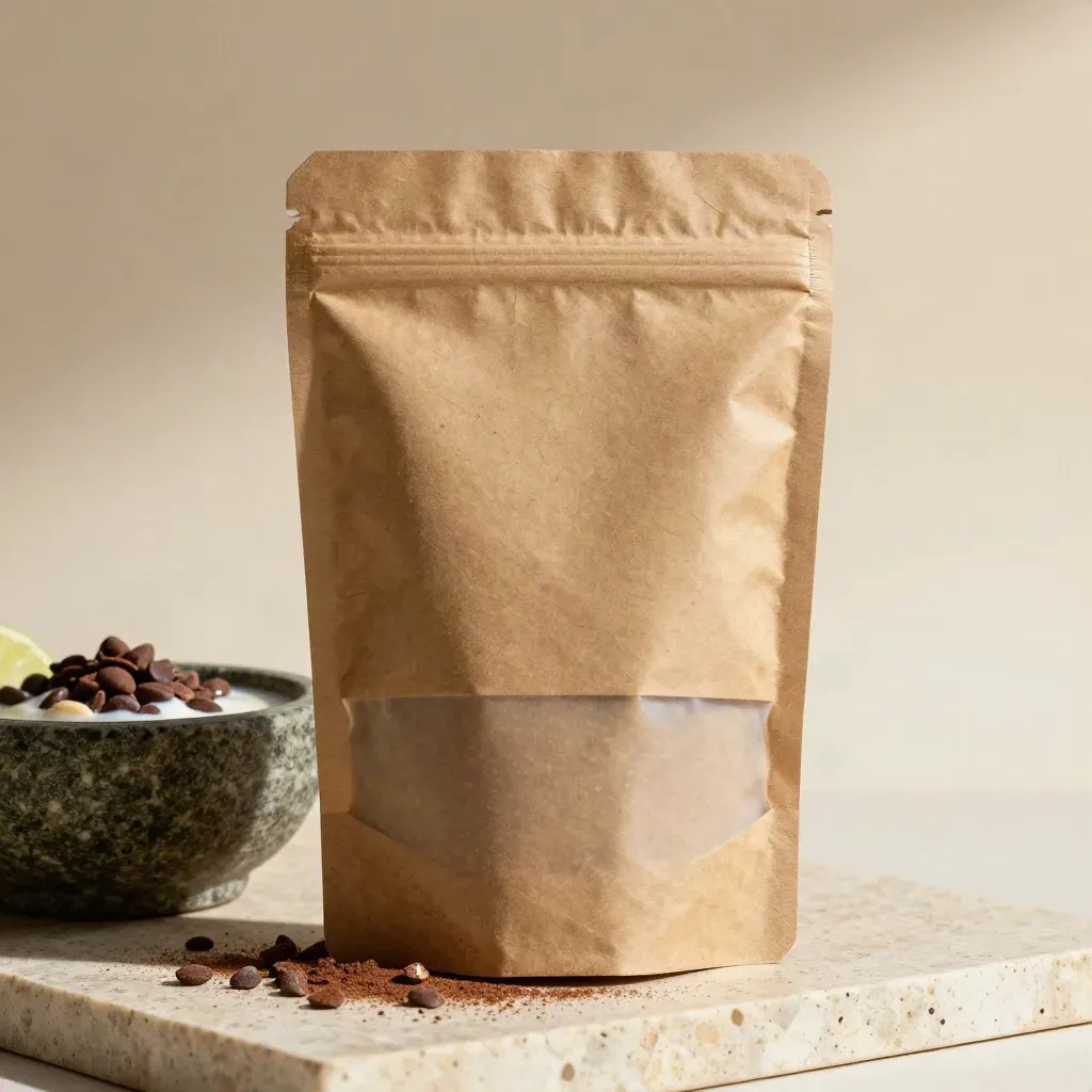 Gros plan d’un sachet de protéine végétale chocolat, bol de lait d’avoine et éclats de cacao.