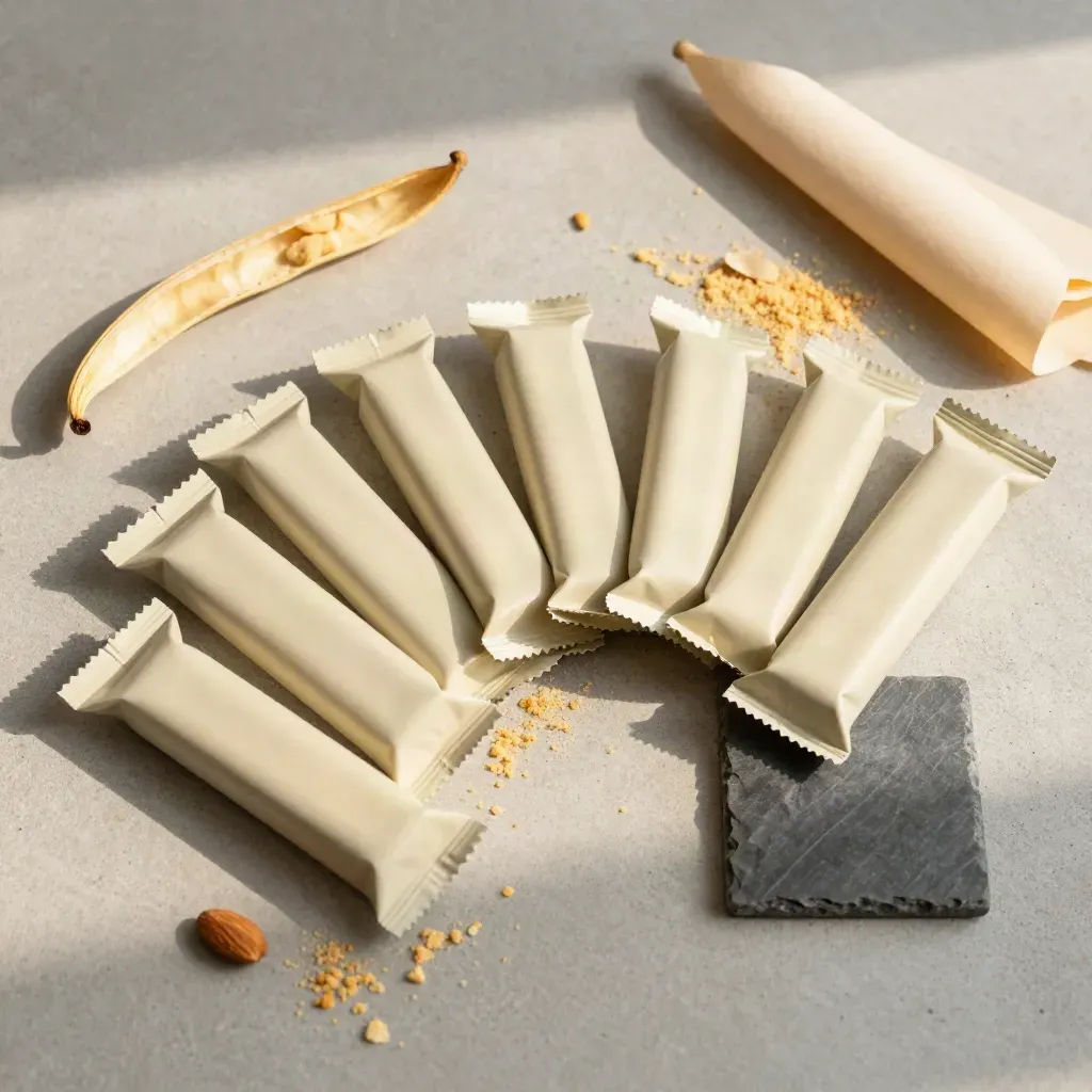 Flatlay de barres protéinées vanille, gousse fendue, miettes d’amande et papier parchemin.