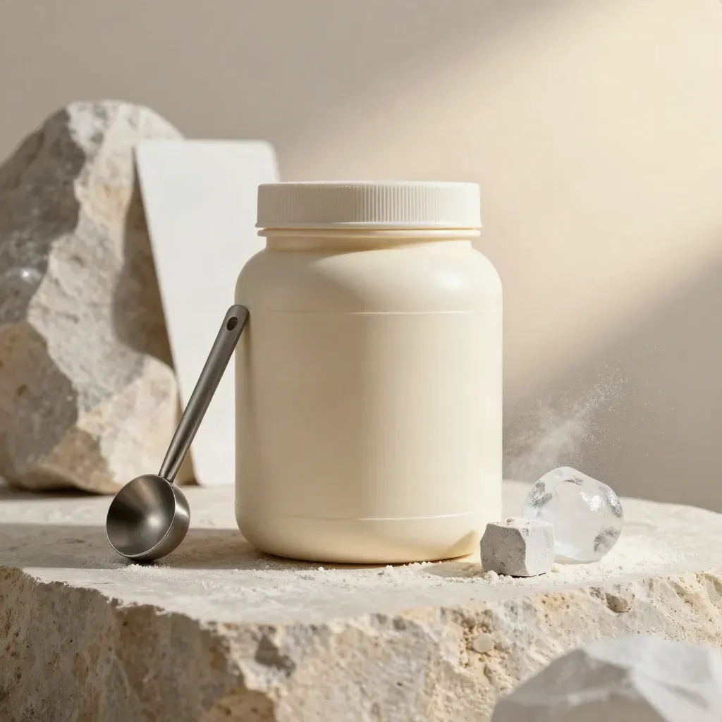 Pot de créatine sur socle en pierre avec cuillère inox, cube de craie et éclat de glace.
