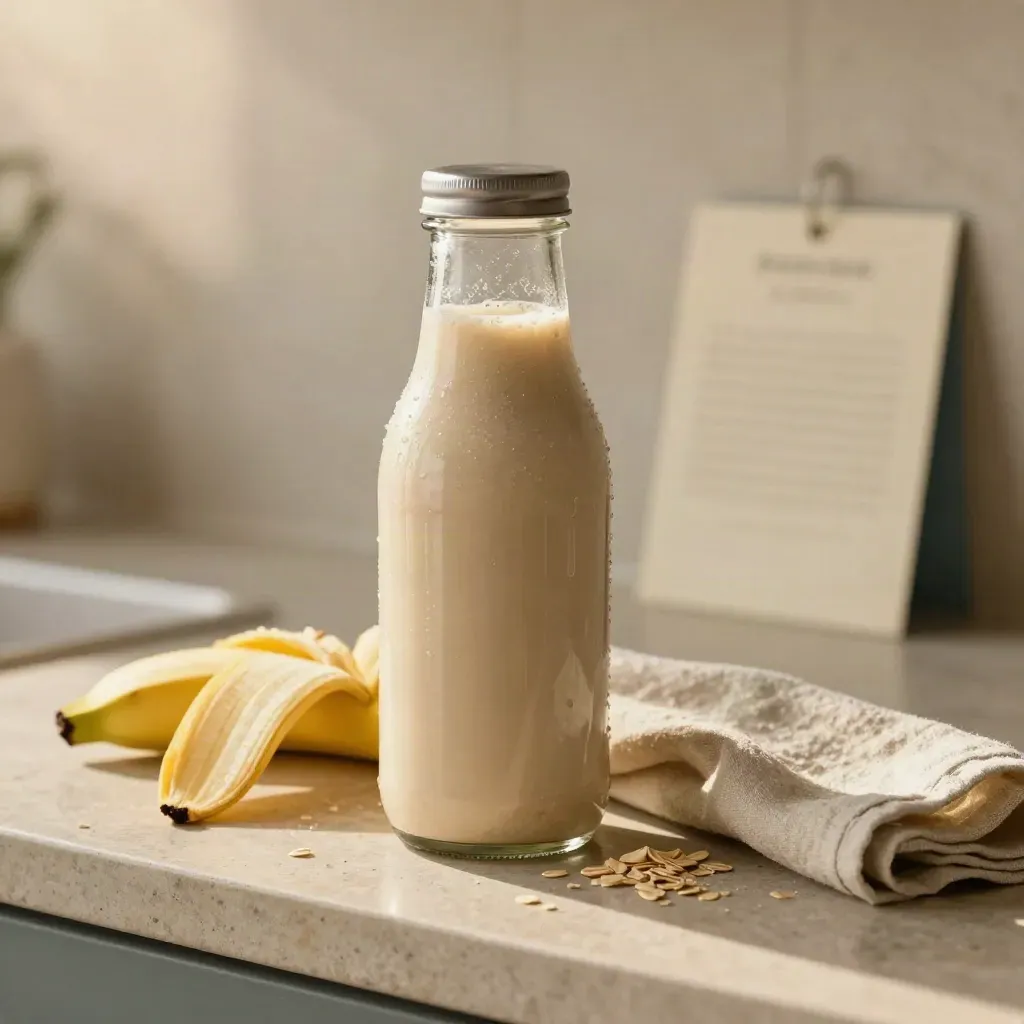 Bouteille de shake avoine-banane avec banane, flocons d’avoine et serviette en lin.