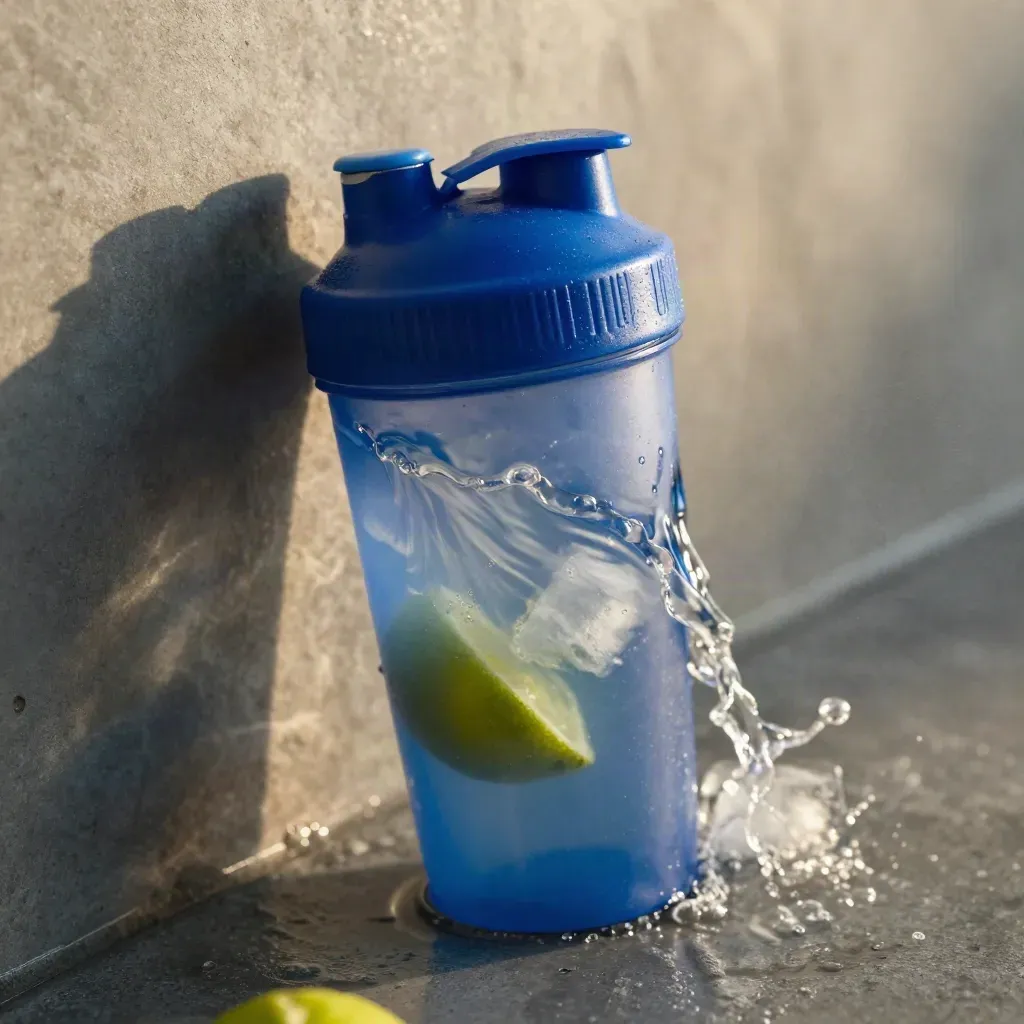 Gros plan d’un shaker bleu en rotation, avec eau en spirale, glaçons et éclaboussures.