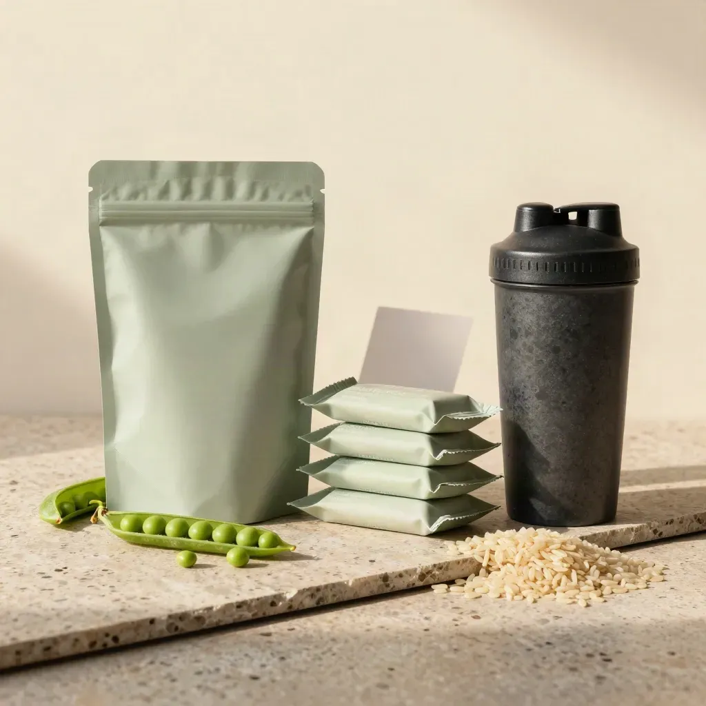 Pack vegan avec sachet de protéine, barres et shaker sur travertin, pois et riz.