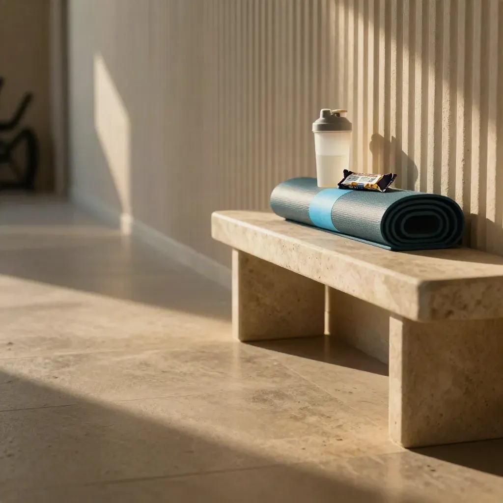 Couloir de gym minimaliste avec banc en pierre, tapis empilés et lumière rasante.