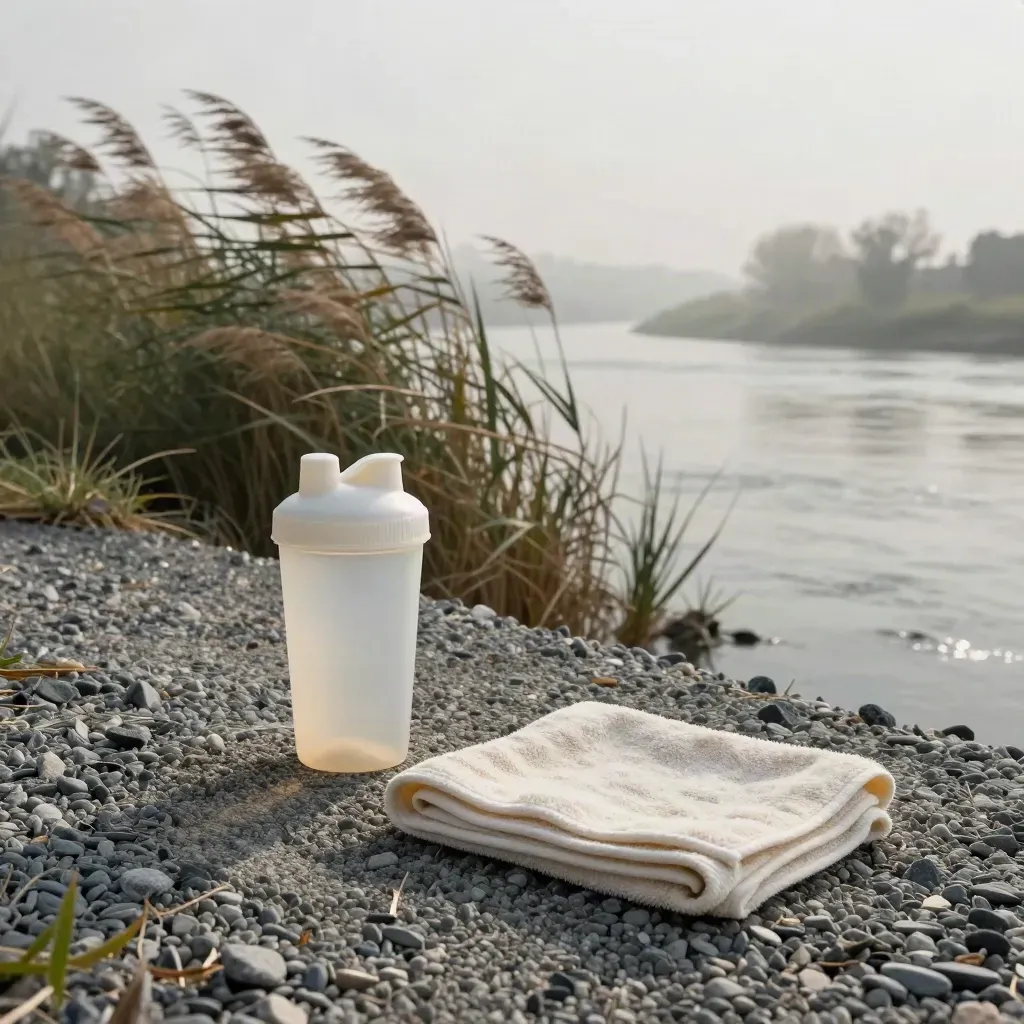 Rive brumeuse avec shaker, serviette crème et roseaux au vent