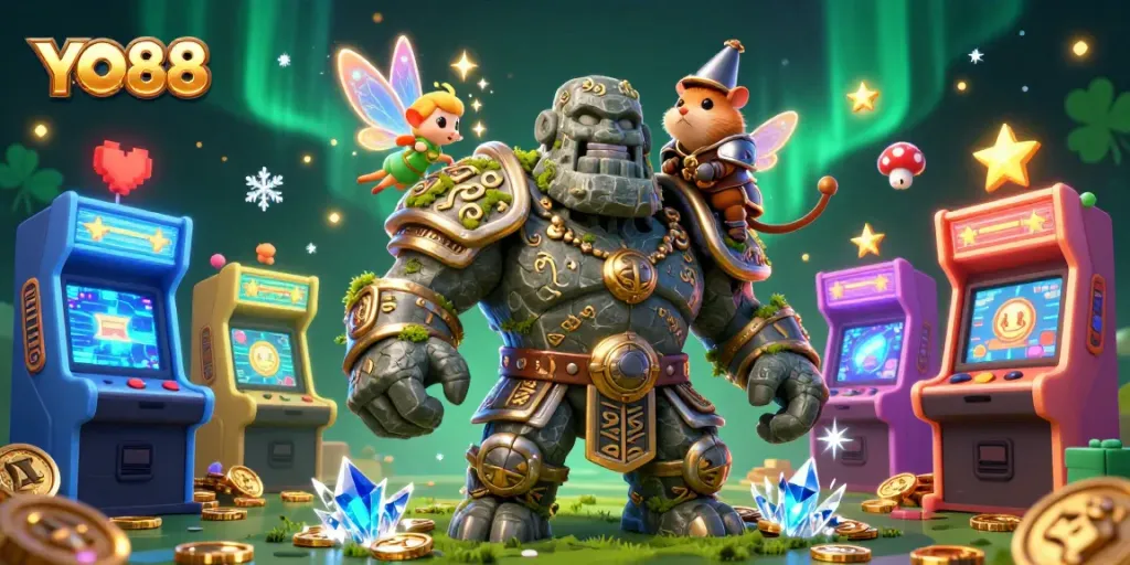 Experience the thrill of YO88 gaming with a vibrant scene featuring a golem, fairy, and hamster knight.