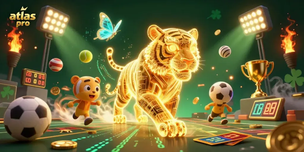 Vivez l'expérience atlas pro dans un casino numérique vibrant avec un tigre de lumière et des éléments de jeu.
