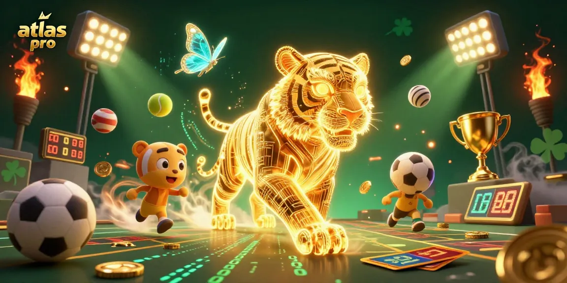 Vivez l'expérience atlas pro dans un casino numérique vibrant avec un tigre de lumière et des éléments de jeu.