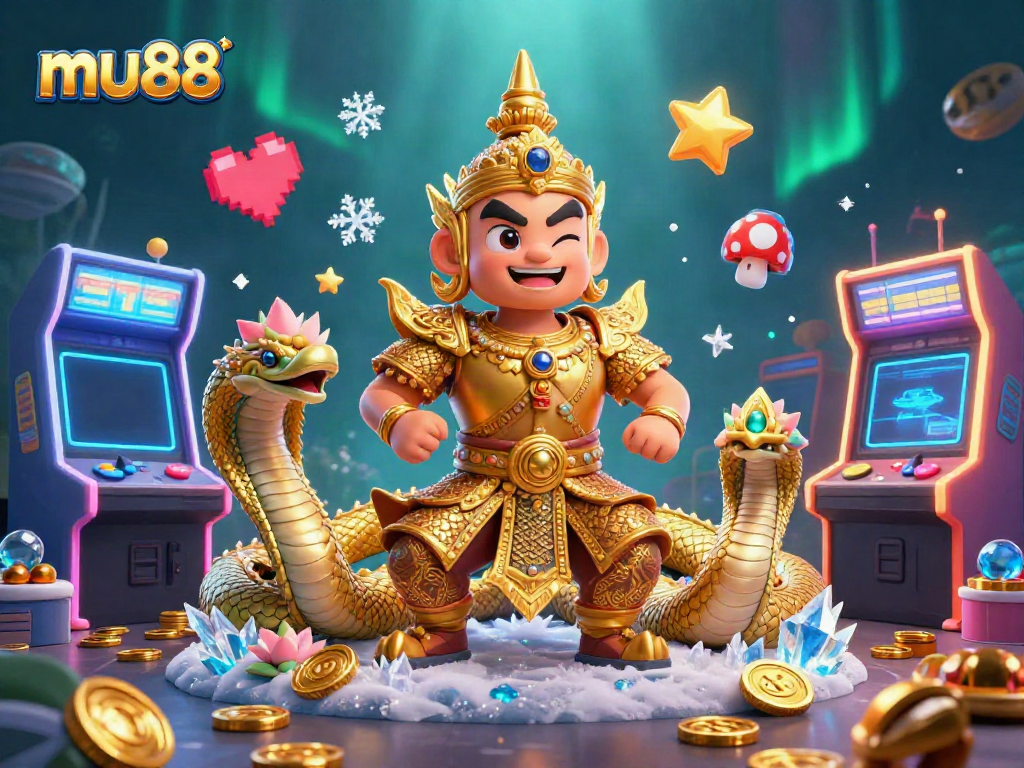 Join the fun at mu88 with a colorful 3D casino gaming scene featuring a friendly guardian and dynamic game elements.