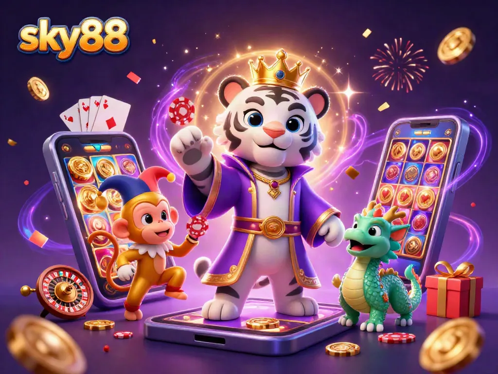 Experience the exciting world of sky88 where the white tiger and monkey engage with vibrant casino games.