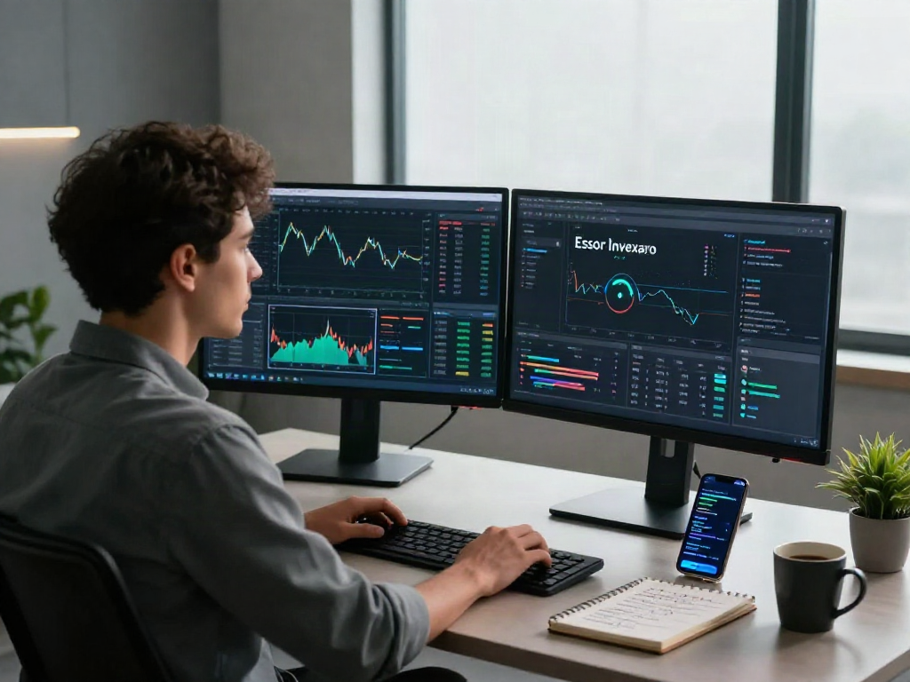 Interface d'Essor Invexaro sur un bureau moderne de trading automatisé avec des graphiques et signaux, trader concentré.