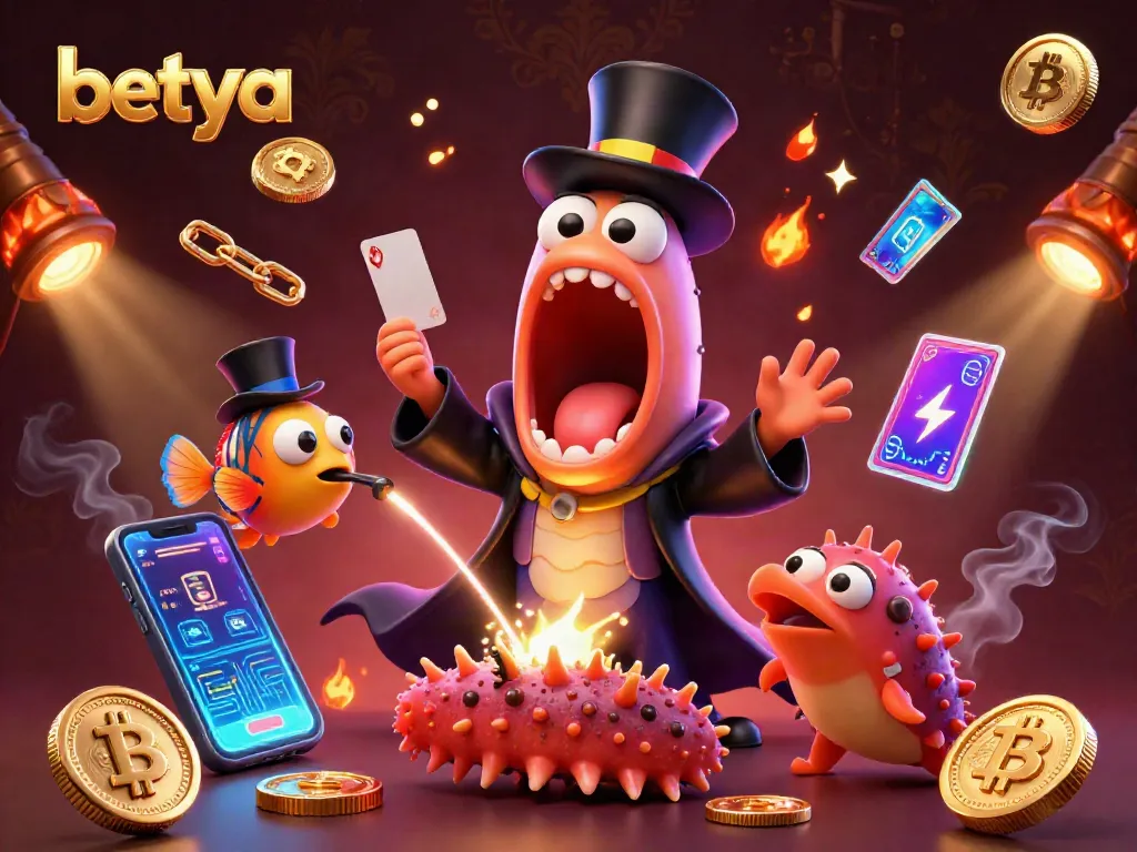 Experience the magic of betya with a bioluminescent eel performing card tricks amidst crypto-themed elements.