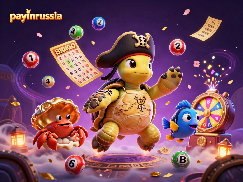 Jouer avec payinrussia : illustration 3D d'une tortue pirate et ses amis sur un trésor sous-marin