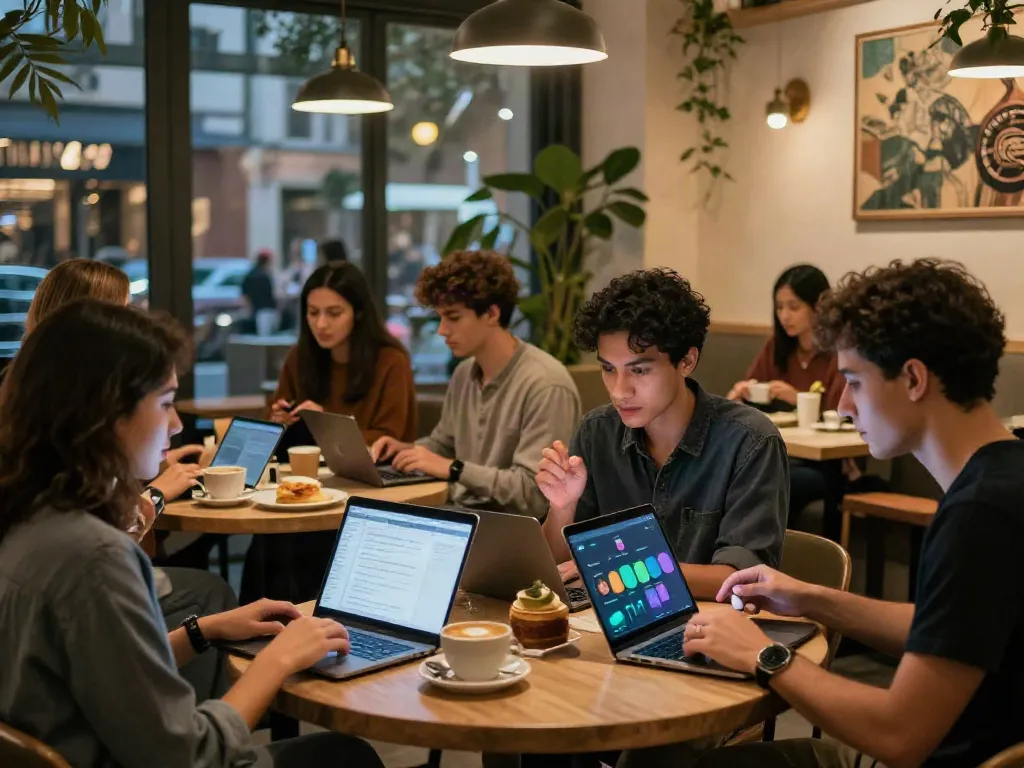 Engaging scene of friends interacting with free AI slut chat in a modern café setting.
